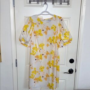 A New Day Yellow and White Puff Sleeve Sheath Dress